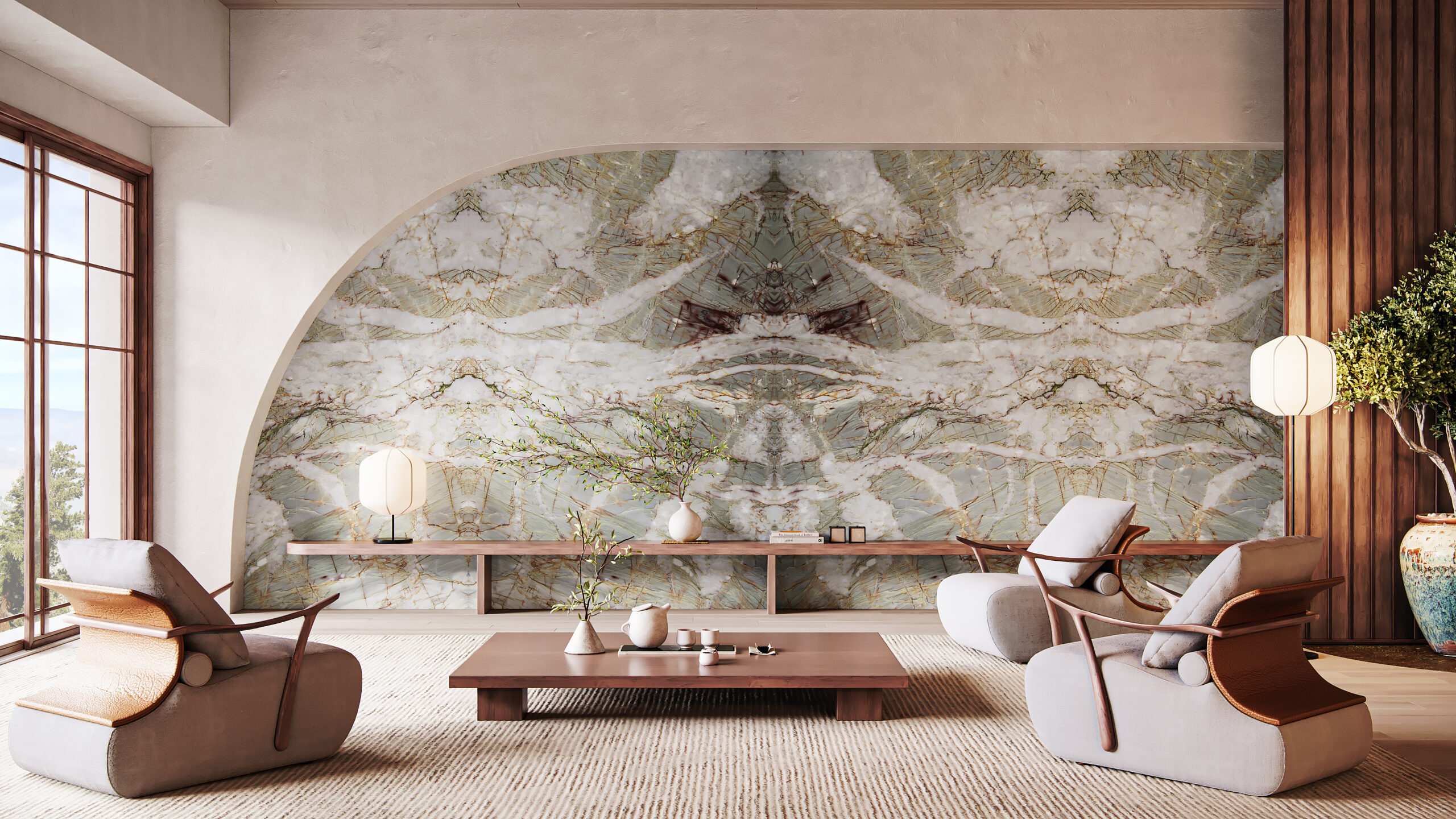 Modern living room featuring a floor-to-ceiling Japandi Crystal accent wall.