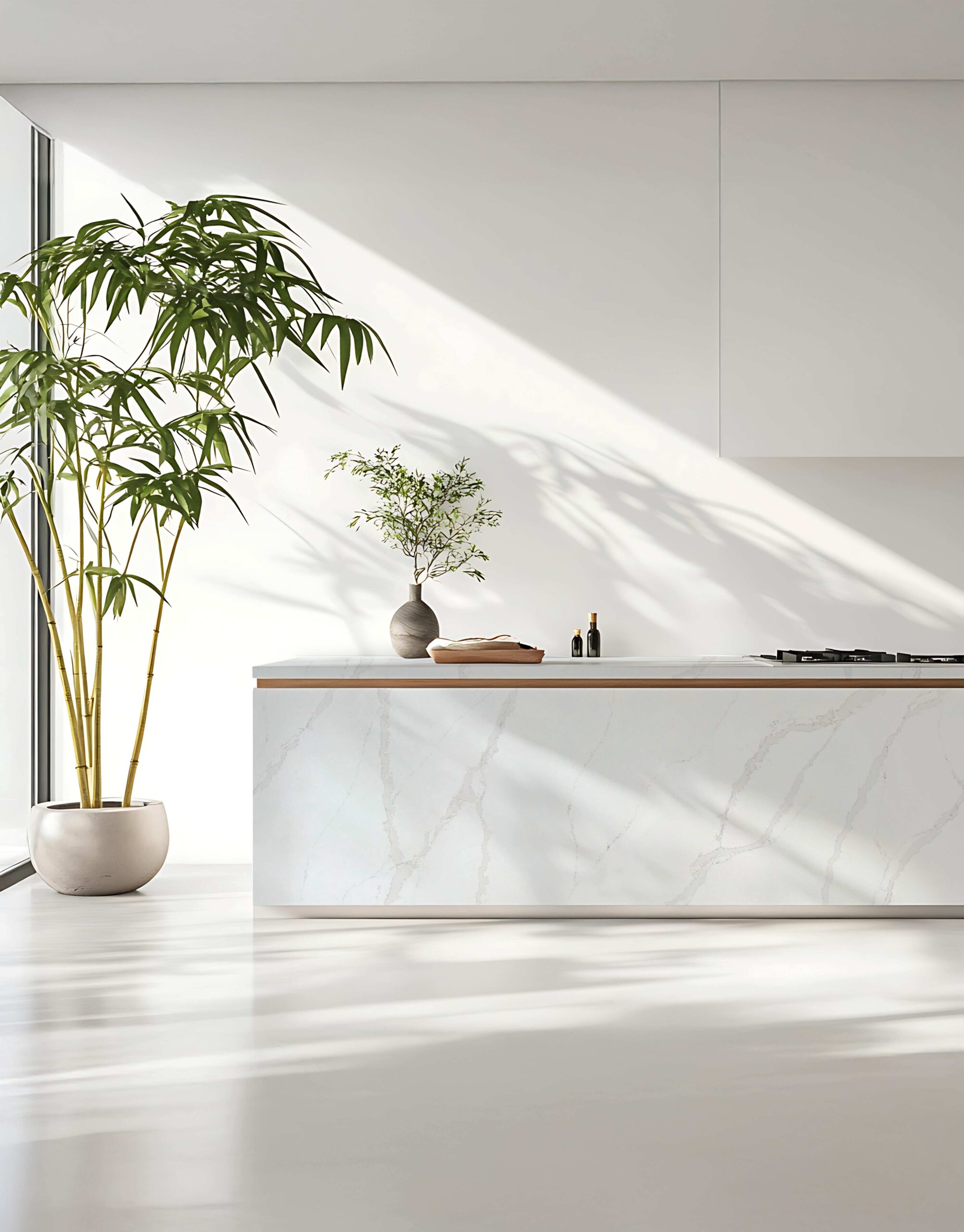 Calacatta Arya Gold quartz installed as a kitchen countertop, enhancing the space with its white surface, gray veining, and subtle gold accents for a luxurious finish.