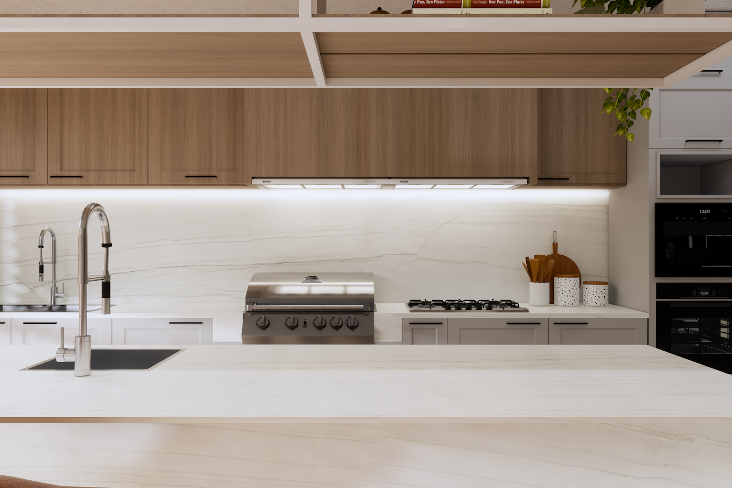Luxurious kitchen island featuring White Lux countertops in a modern, open-concept home.