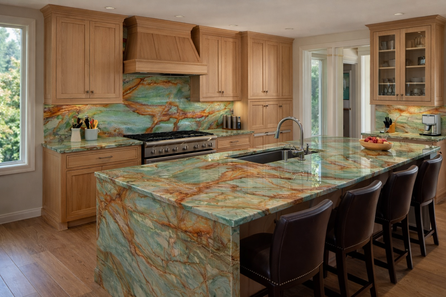 Kitchen featuring sauipe quartzite countertops and a backsplash with bronze accents.