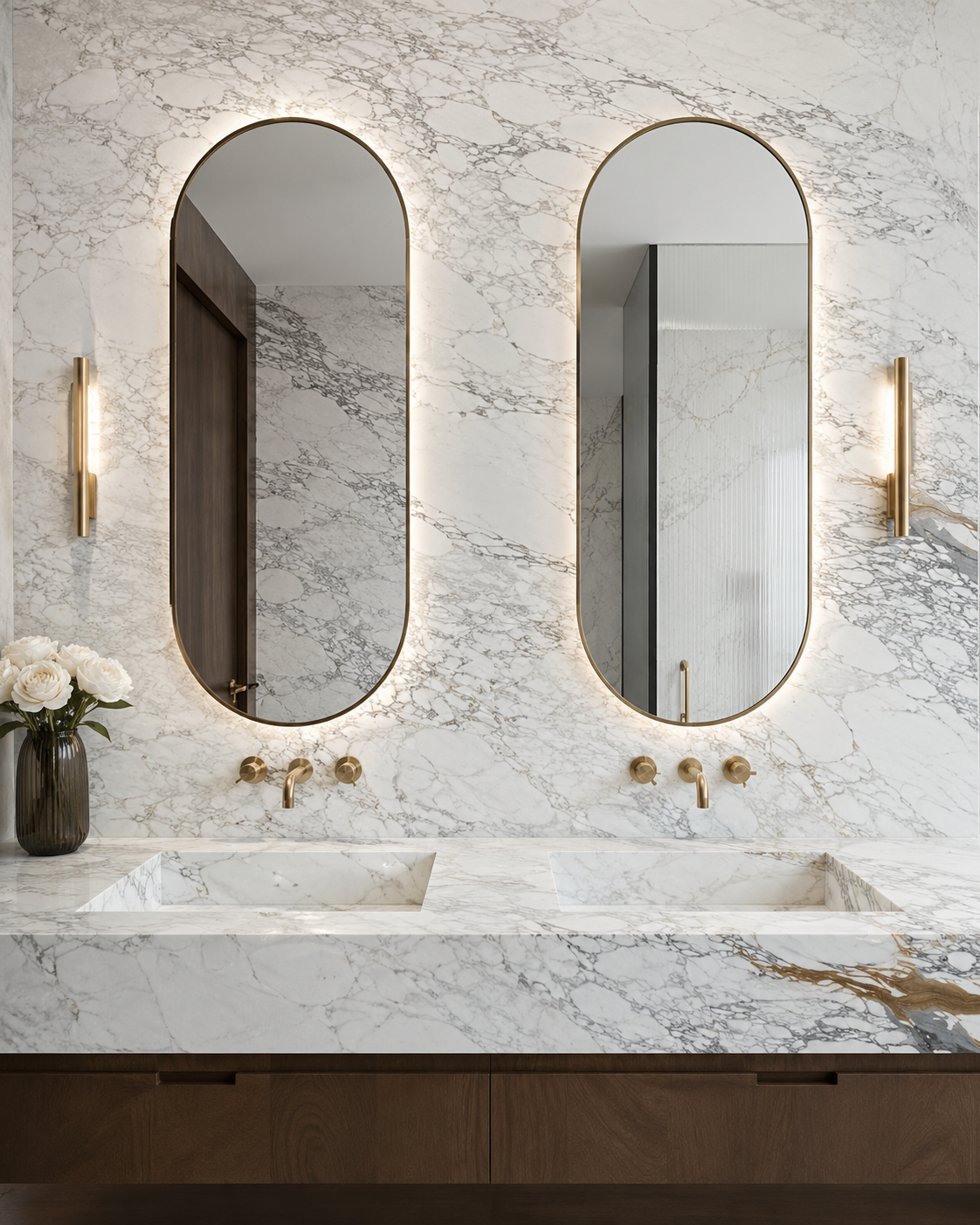 Sophisticated master bathroom double vanities, custom-crafted powder room vessel sinks, and integrated washbasins;