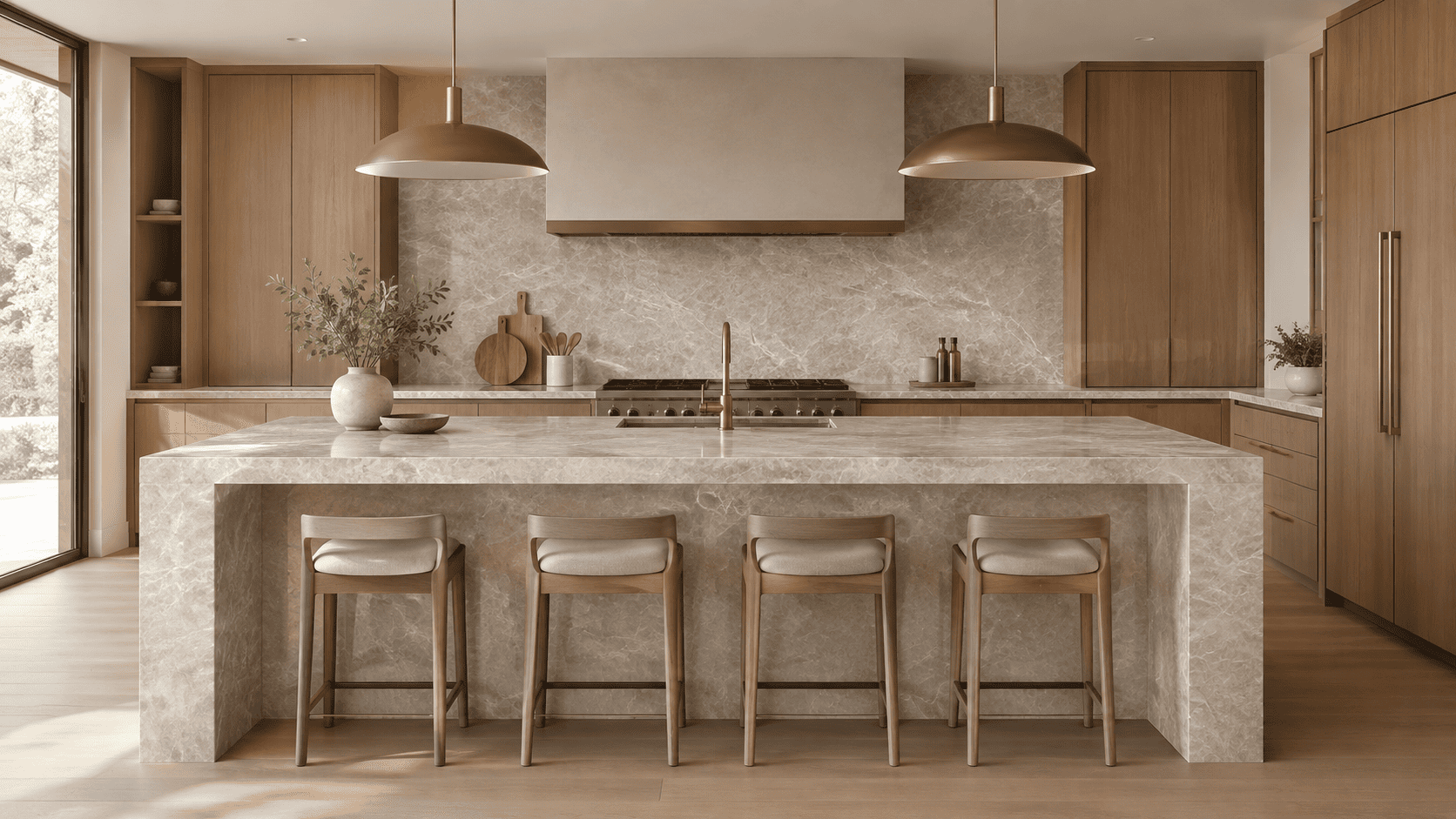 Modern kitchen with Taj Mahal quartzite countertops, a waterfall island, and matching backsplash in a luxury Austin home.
