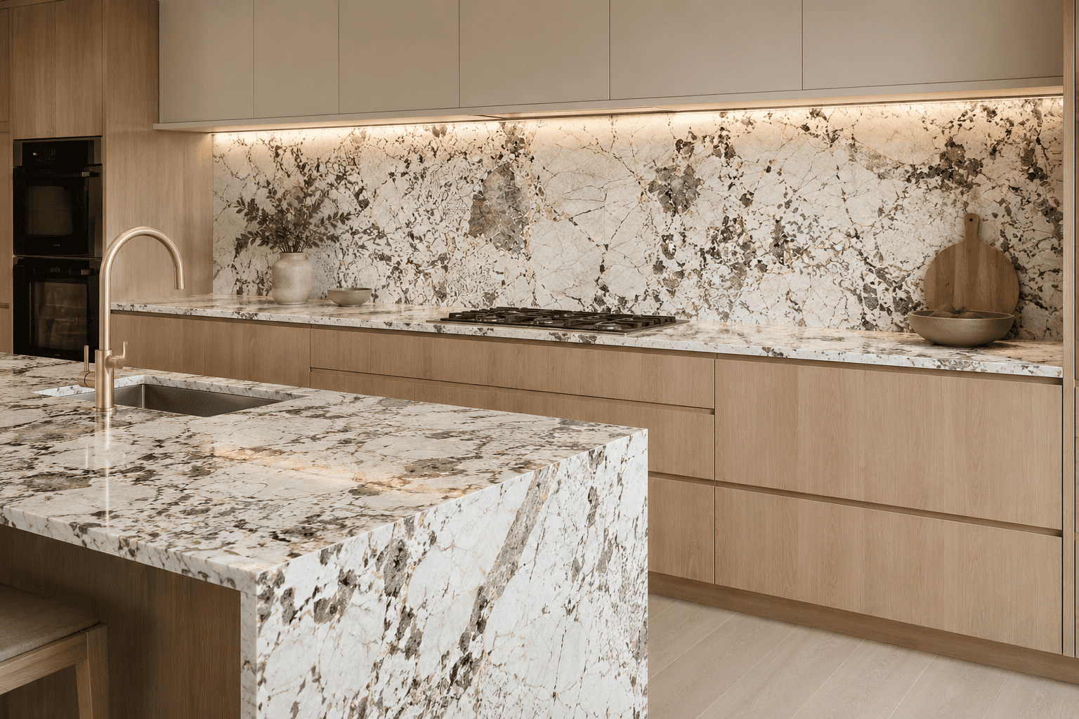 A luxury modern kitchen design highlighting Patagonia granite countertops, a waterfall island with backlighting potential, and a matching full-height backsplash.