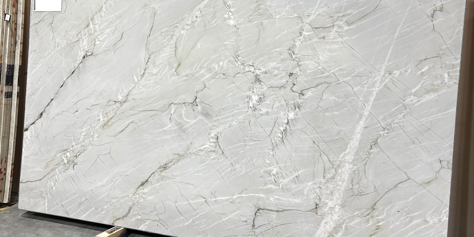 Full-view photo of a premium quartzite slab with a white and light grey background, featuring striking natural patterns, ready for high-end counter or wall application in Austin.