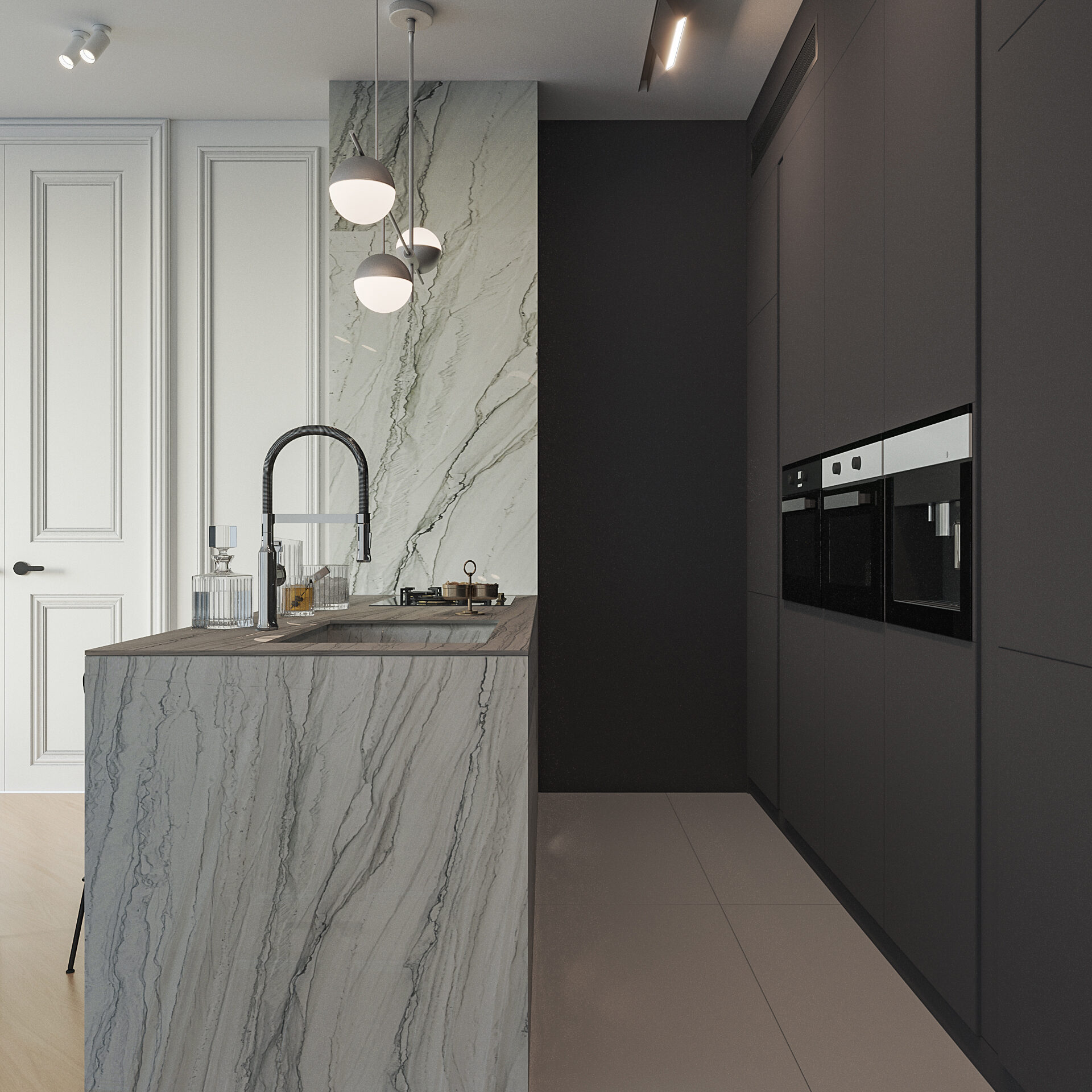 Open-concept kitchen with a large waterfall island showcasing elegant gray and white movement.