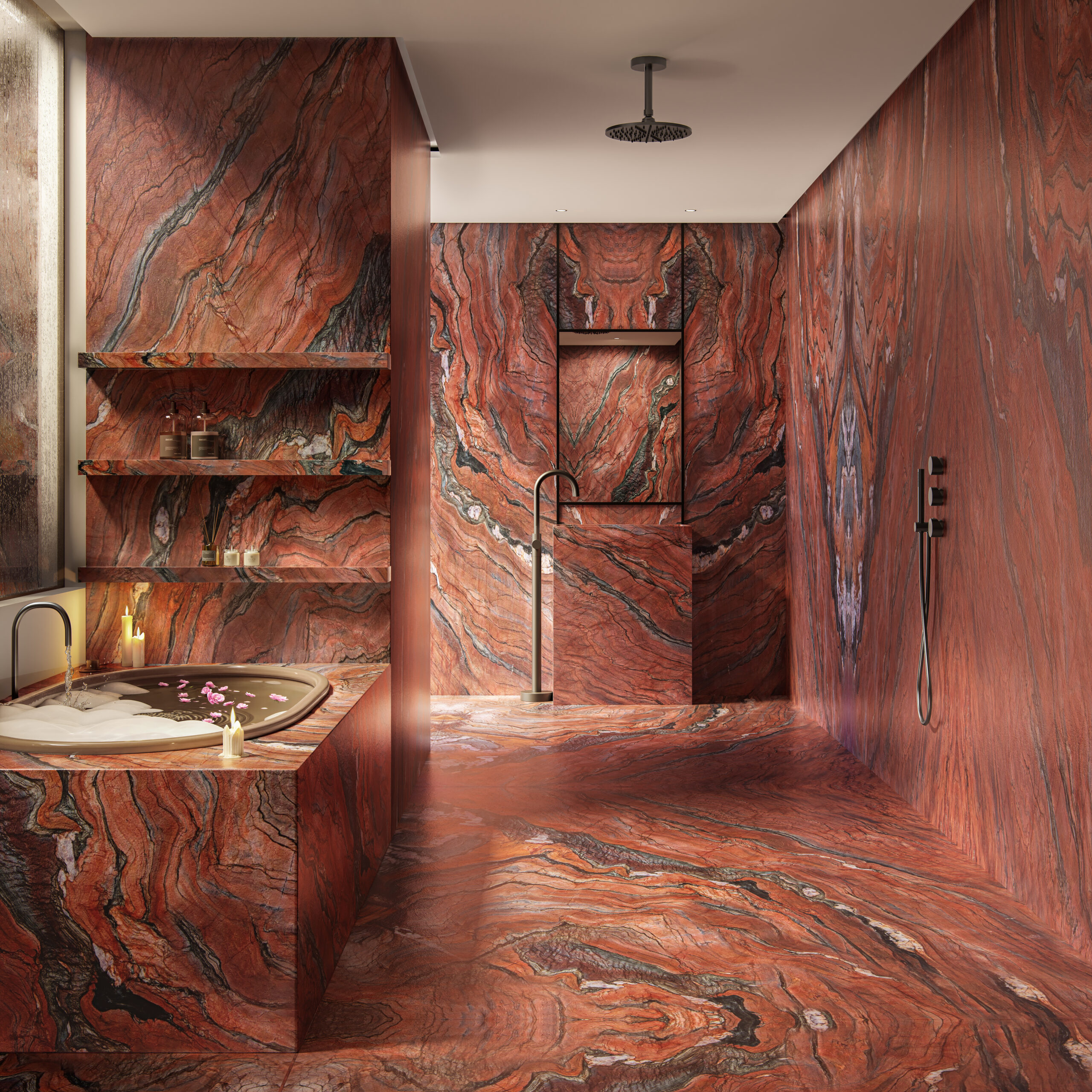 Luxury walk-in shower featuring vertical wall cladding in vibrant terracotta natural stone.