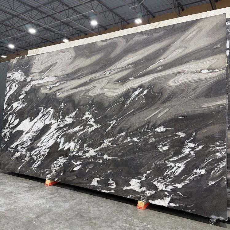 Overview of a premium grey and ivory slab available at our quartzite store in Austin.