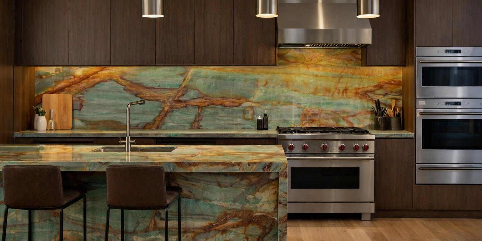 Seamless transition between a seafoam green stone countertop and a matching stone-clad sink wall.