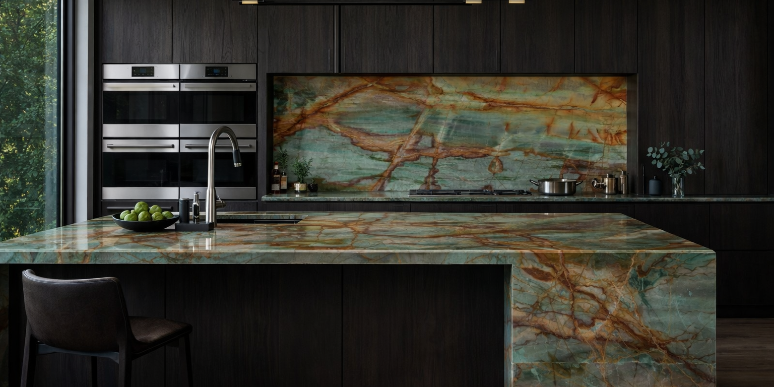 A modern kitchen island with waterfall edges made of exotic green quartzite paired with dark wood cabinets.