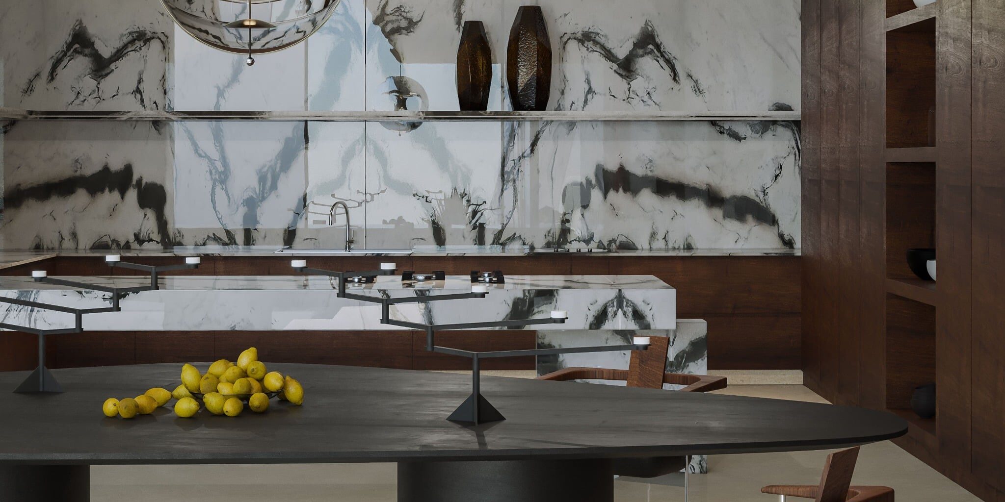 Modern kitchen featuring luxury Calacatta countertops and a matching waterfall island.