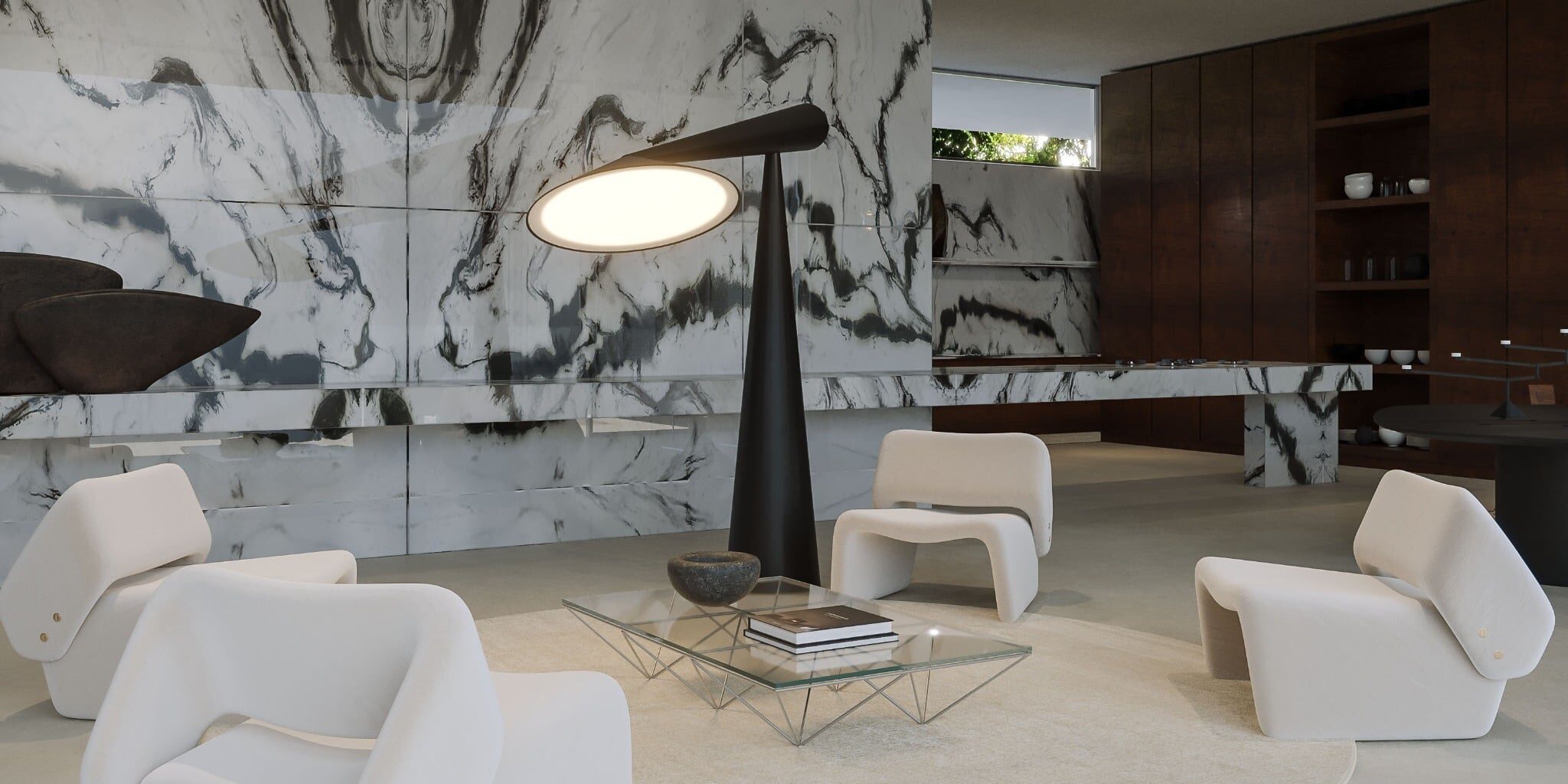 Elegant interior design layout showcasing a minimalist fireplace surround made of natural quartzite.