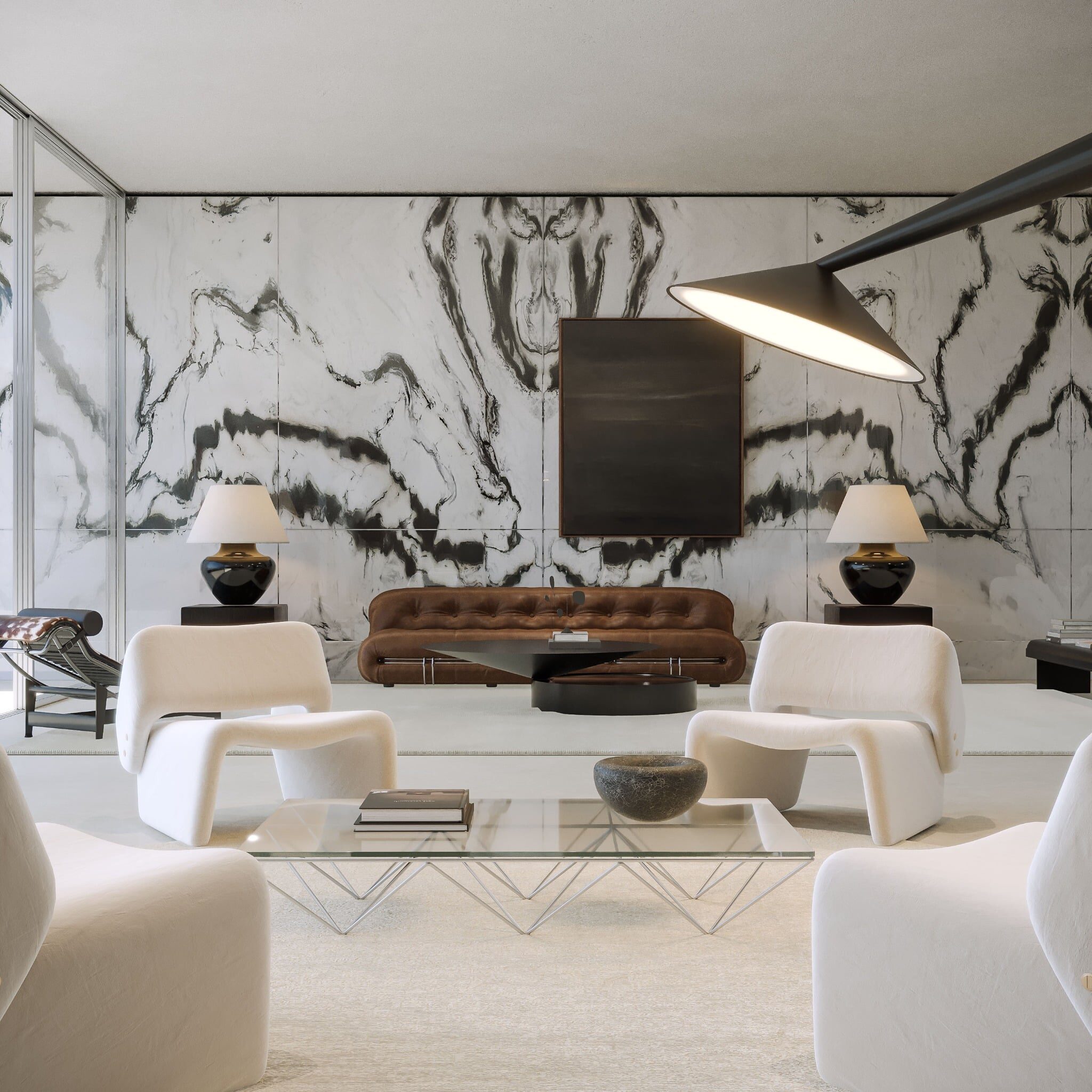 Contemporary living room with a large-scale book-matched stone feature wall.