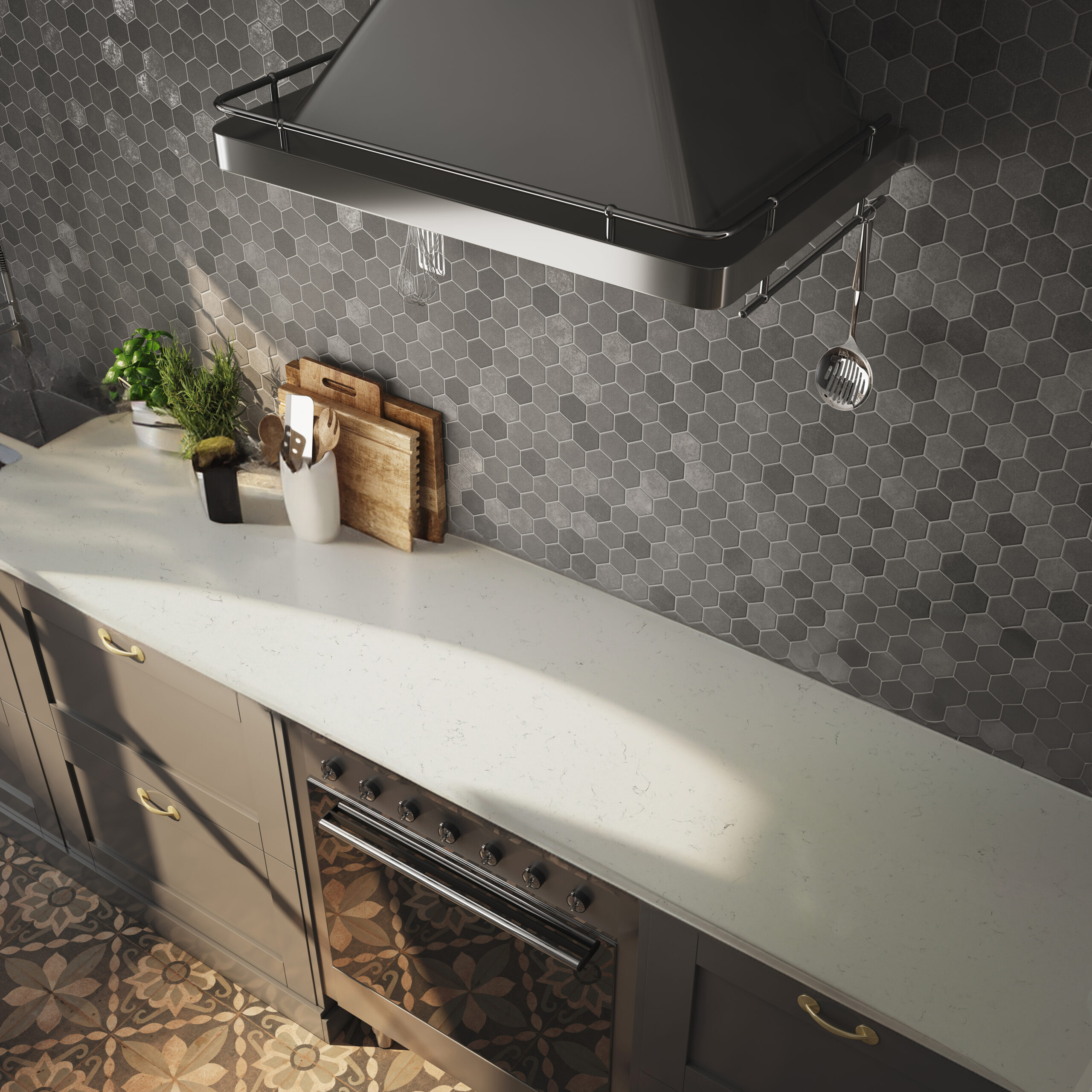 Contemporary kitchen island with white quartz countertops, subtle gray veining, and soft gold accents enhancing the elegant design.