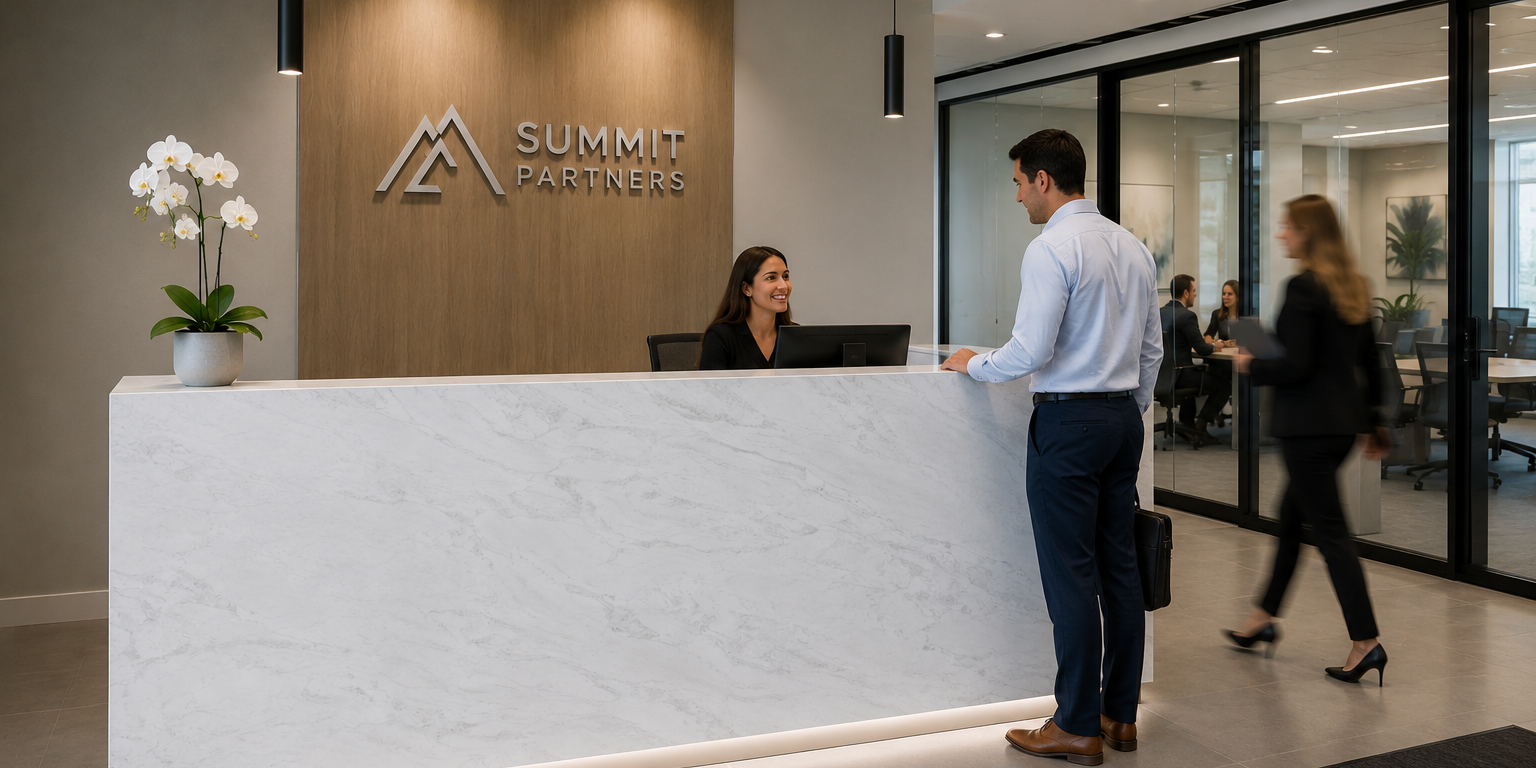 A luxury commercial lobby featuring a custom reception desk crafted from premium White Marble with sophisticated vein matching.