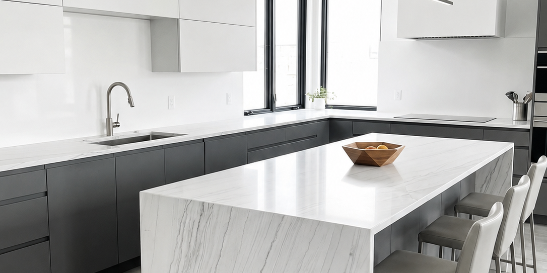 A bright, modern kitchen design featuring clean White Santorini Quartzite countertops and a matching focal island paired with minimalist cabinetry.