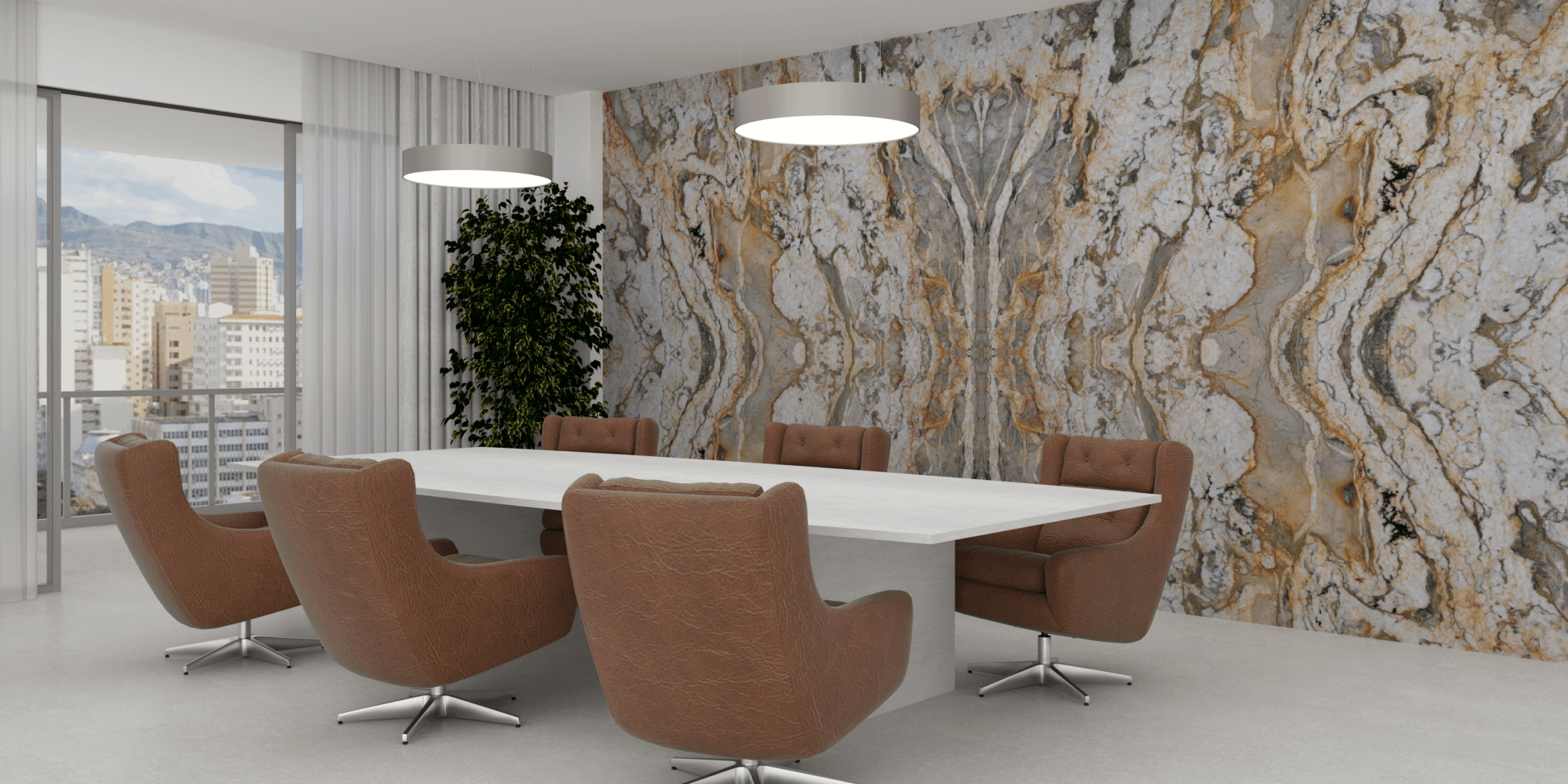 Modern executive office featuring a custom statement desk made of high-end natural stone.