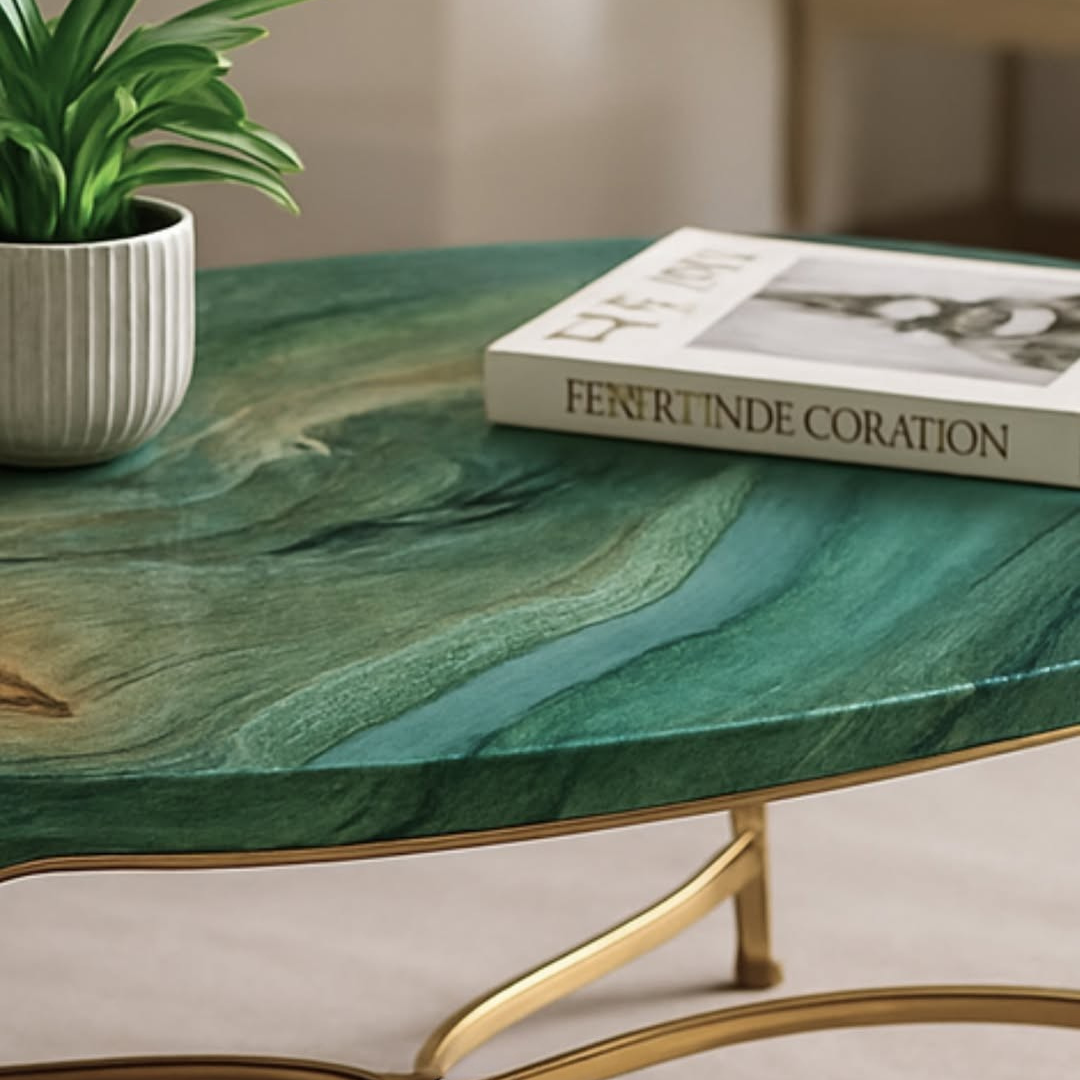 Modern room featuring a custom table top crafted from polished green exotic stone.