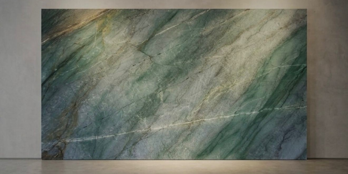 A premium sombori quartzite slab displayed at a professional stone gallery in Austin, Texas.