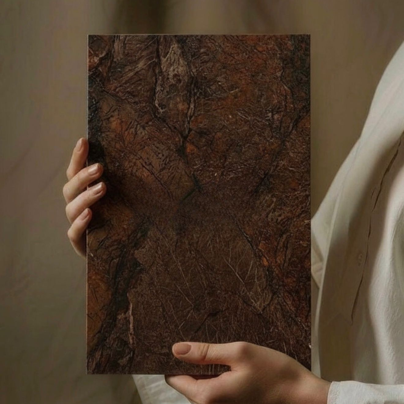 Detailed texture of dark brown natural stone with smoky charcoal mineral patterns.