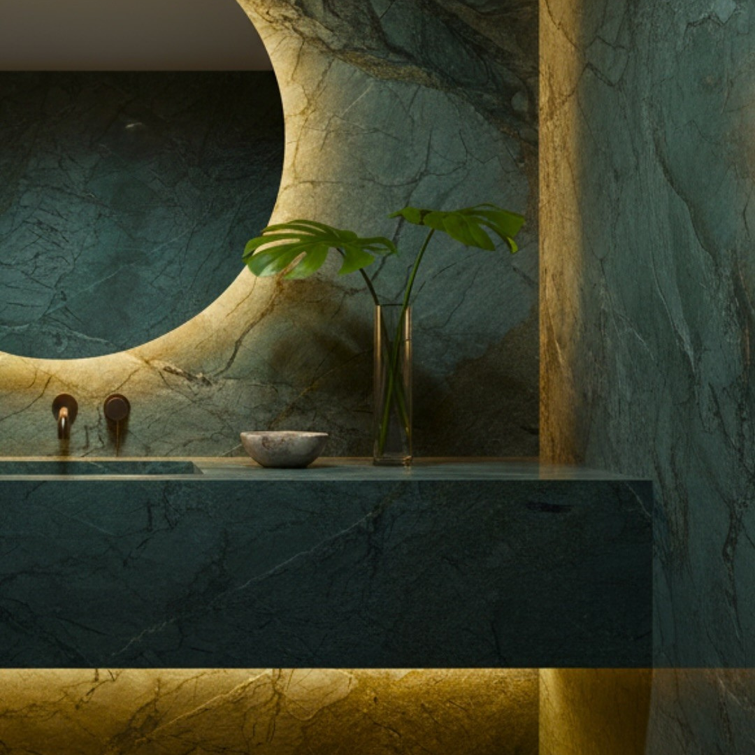 Luxury bathroom featuring sombori quartzite wall cladding for a tropical spa-inspired design.