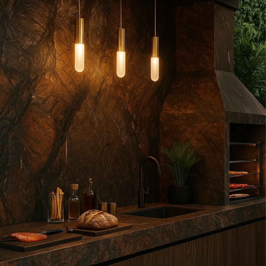 Outdoor BBQ area cladding using durable Chivas quartzite for a weather-resistant finish.