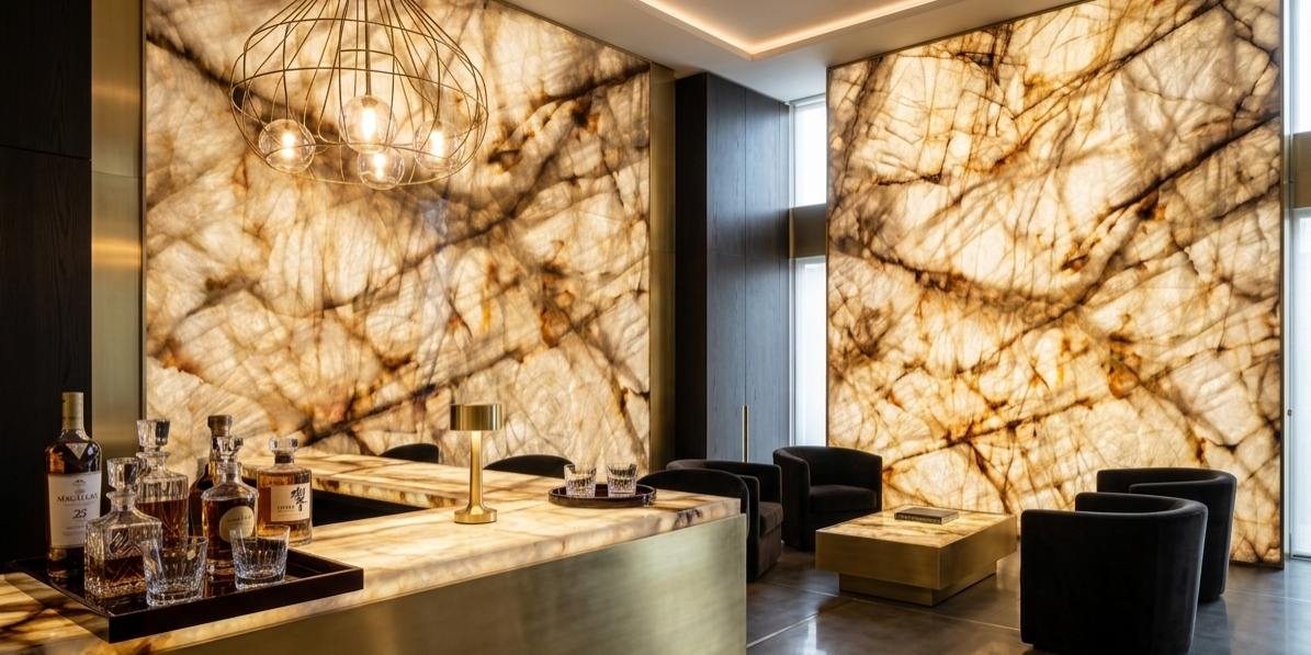 Luminous bar lounge featuring glowing backlit cristallo gold quartzite walls, matching countertops, dark velvet chairs, and a polished brass base with fine crystal decanters.