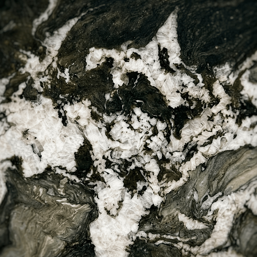 A detailed macro view showing the translucent white quartz clusters and smoky green mineral veins of an exotic Brazilian stone.