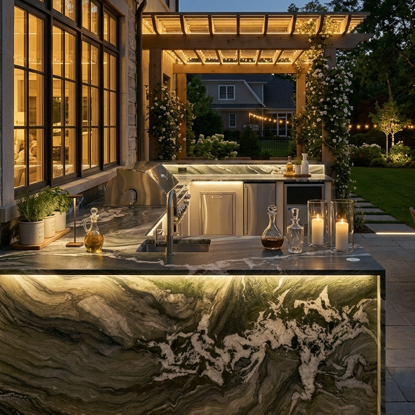 Luxurious kitchen countertop featuring Brazilian Quartzite Ipanema Crystal illuminated by warm spotlights.