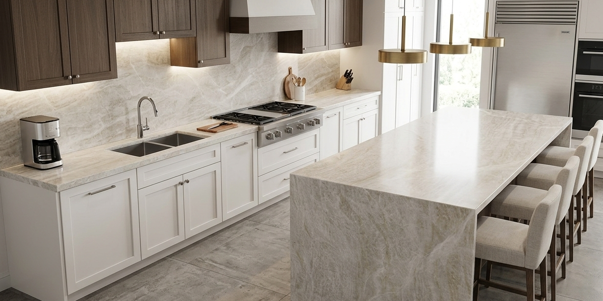 A bright, modern kitchen featuring a book-matched Perla Venata Quartzite island and matching perimeter countertops.