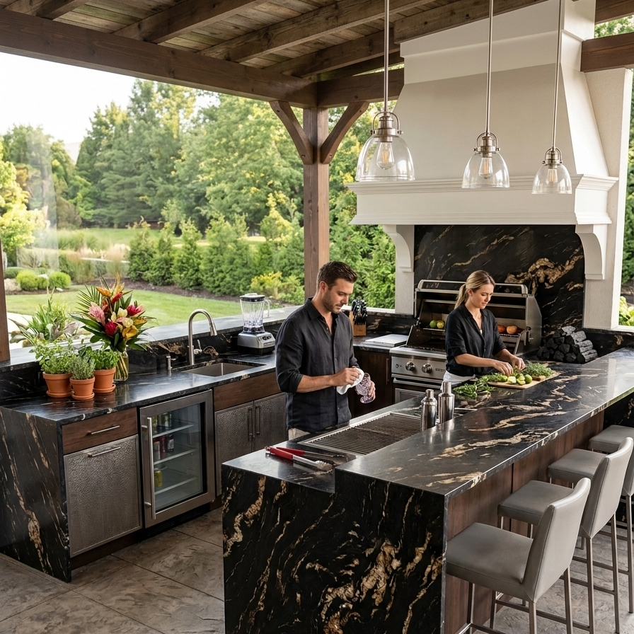 A luxury outdoor living space featuring a high-end perimeter bar and outdoor kitchen countertops crafted from durable, weather-resistant black and gold granite.