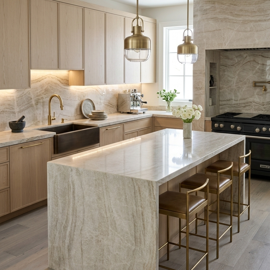 Modern kitchen featuring Taj Mahal countertops and a matching full-height backsplash.