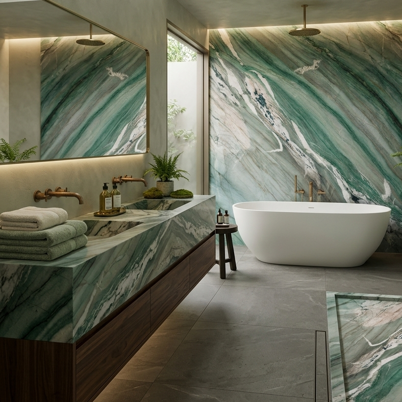 A modern, high-end bathroom featuring a custom floating vanity top and matching seamless backsplash crafted from premium exotic quartzite.
