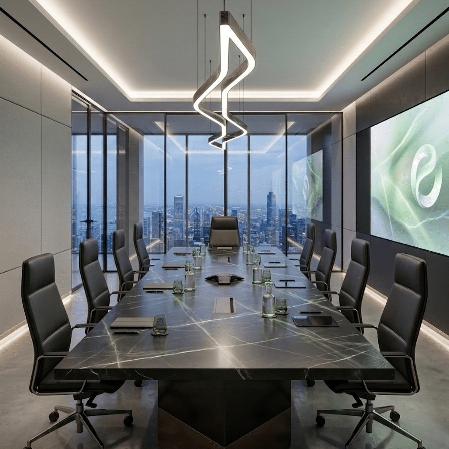 Bespoke table made from a single piece of black and green Tellus Quartzite in a modern interior.