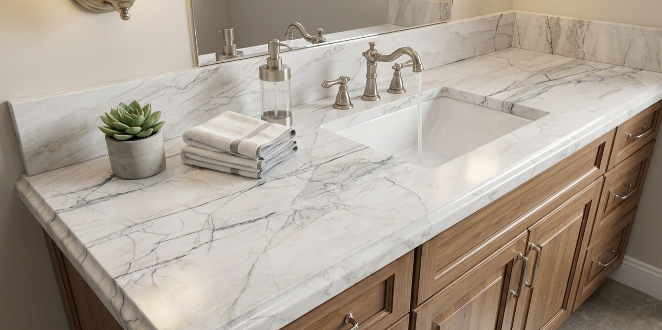 Modern master bathroom featuring a bright white quartzite vanity with sleek grey accents.