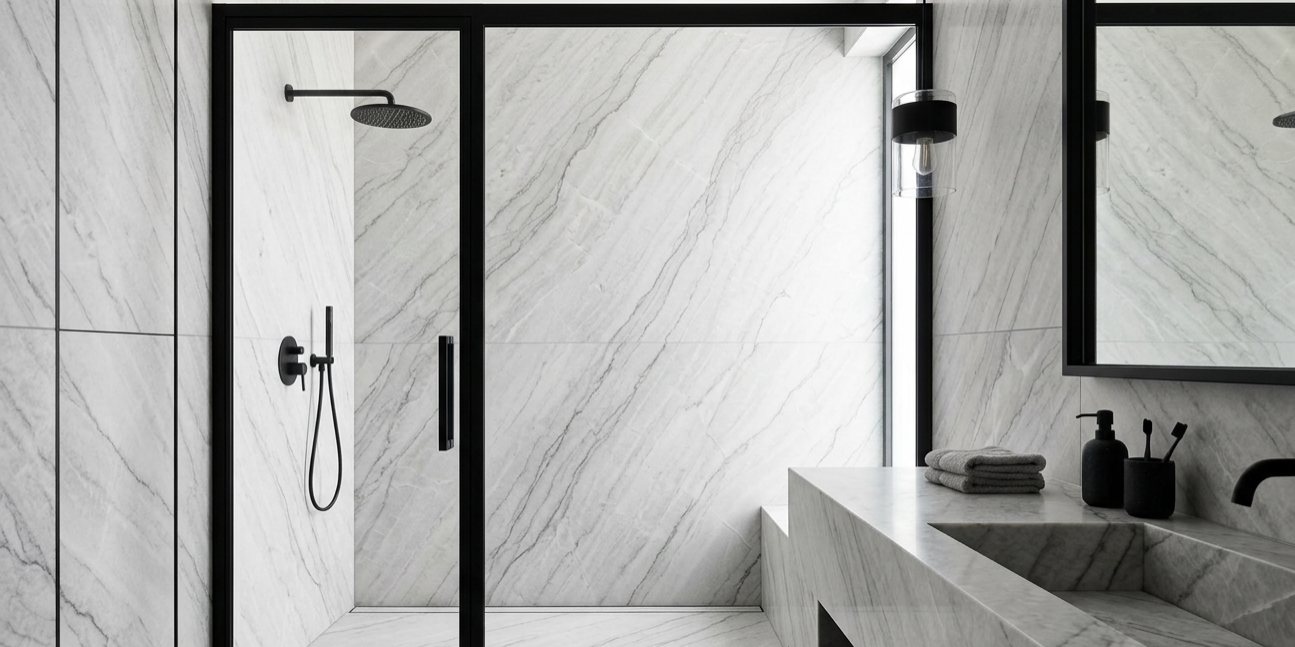 Full-height wall cladding and matching vanity in a luxury bathroom using azzurra bay quartzite.