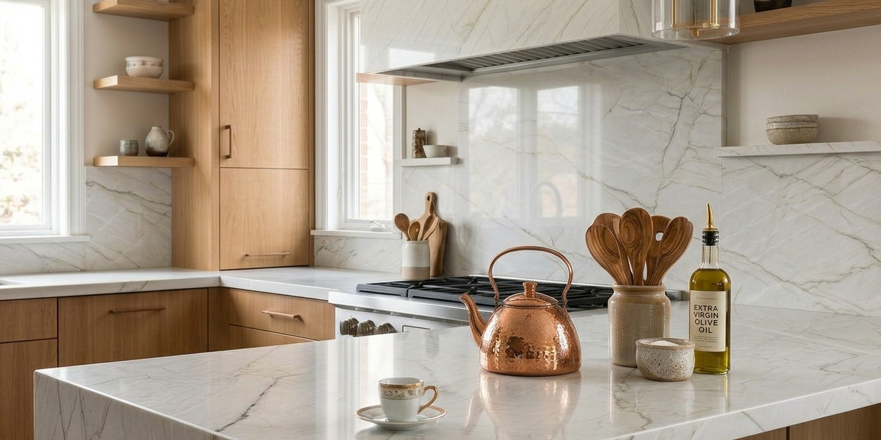 A contemporary kitchen featuring light wood cabinetry and floating shelves alongside quartzite countertops in Austin and a quartzite backsplash.