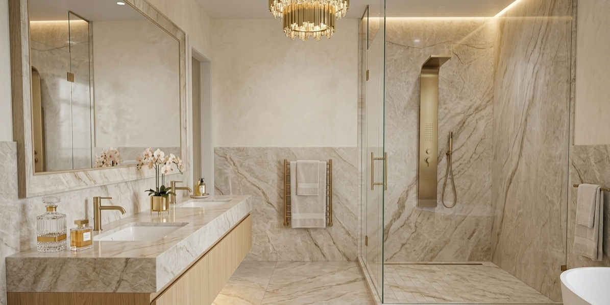 Luxury bathroom vanity and walk-in shower finished in elegant Taj Mahal quartzite.