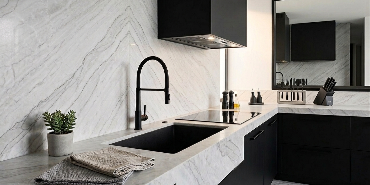 Modern kitchen countertops and a full-height backsplash featuring the clean look of Azzurra Bay.