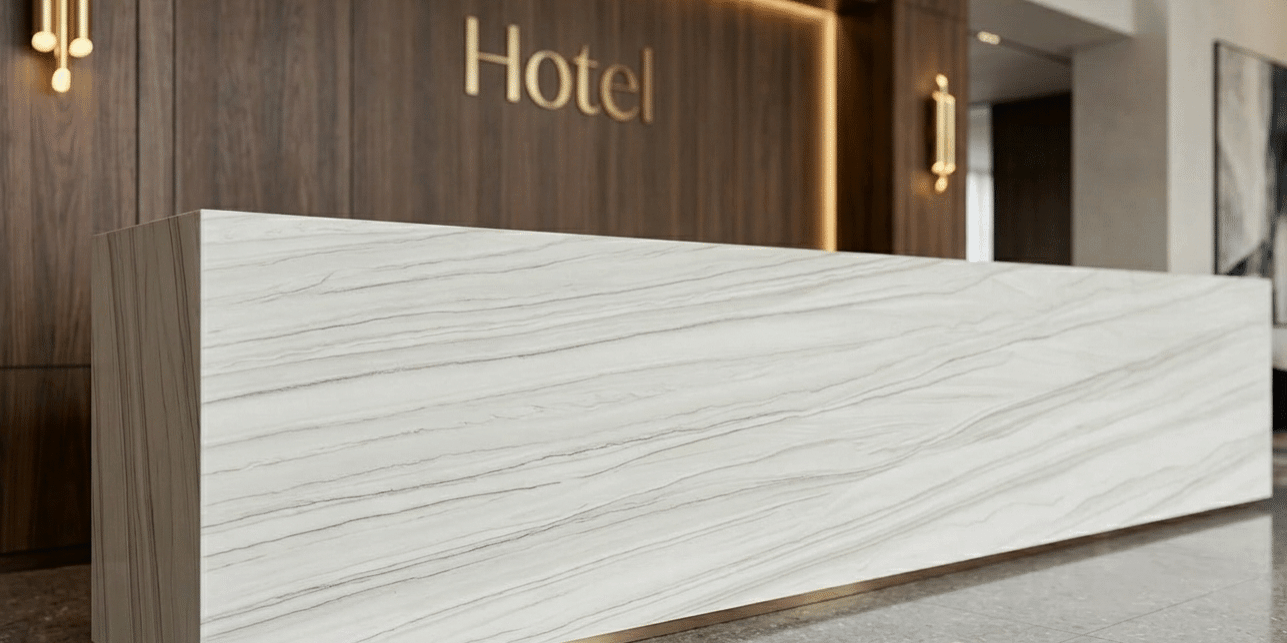 Sleek commercial reception area featuring a long, durable quartzite countertop with a professional and clean finish.