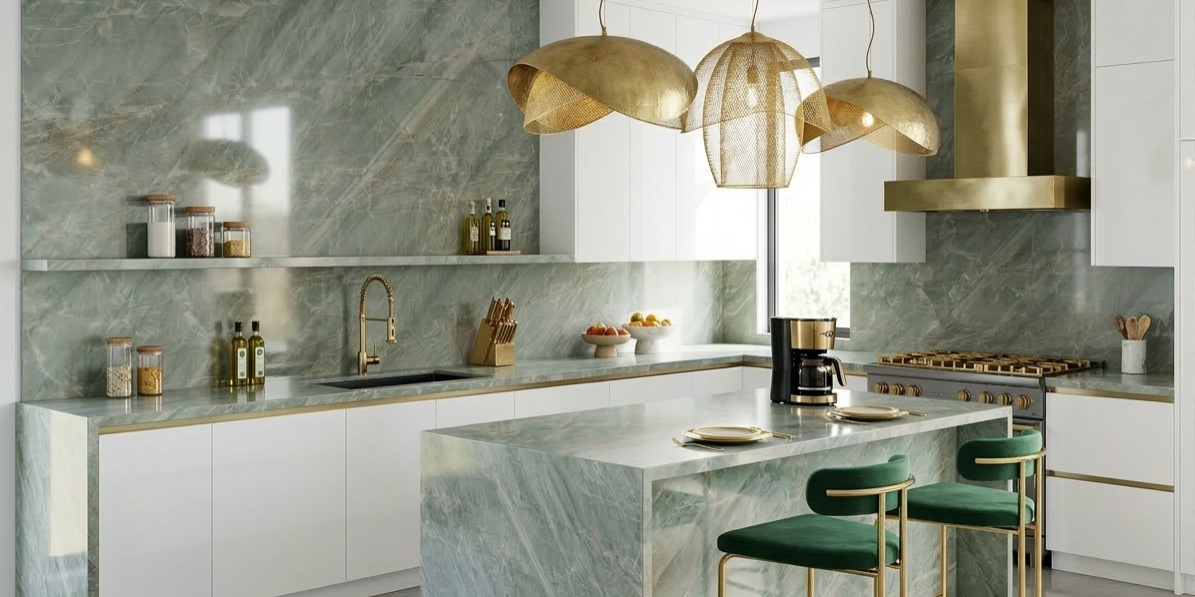 Modern kitchen island with emerald quartzite countertops in an Austin home.