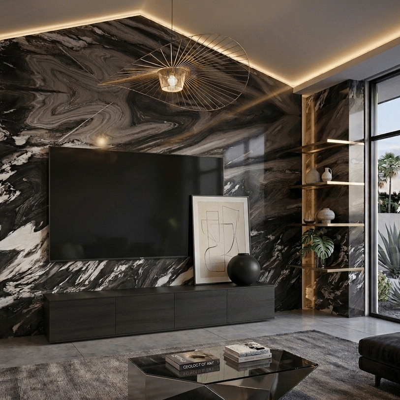Dramatic floor-to-ceiling feature wall in a modern living room using high-contrast stone surfaces.