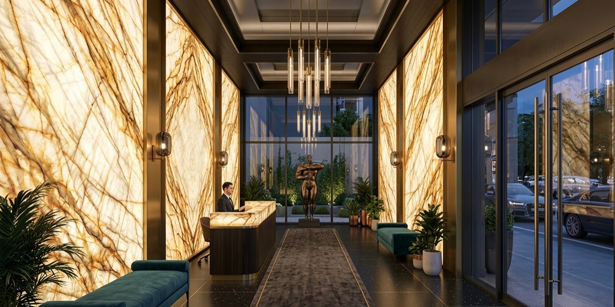 Sophisticated entrance hall featuring a backlit cristallo wall cladding that creates a luminous architectural focal point.