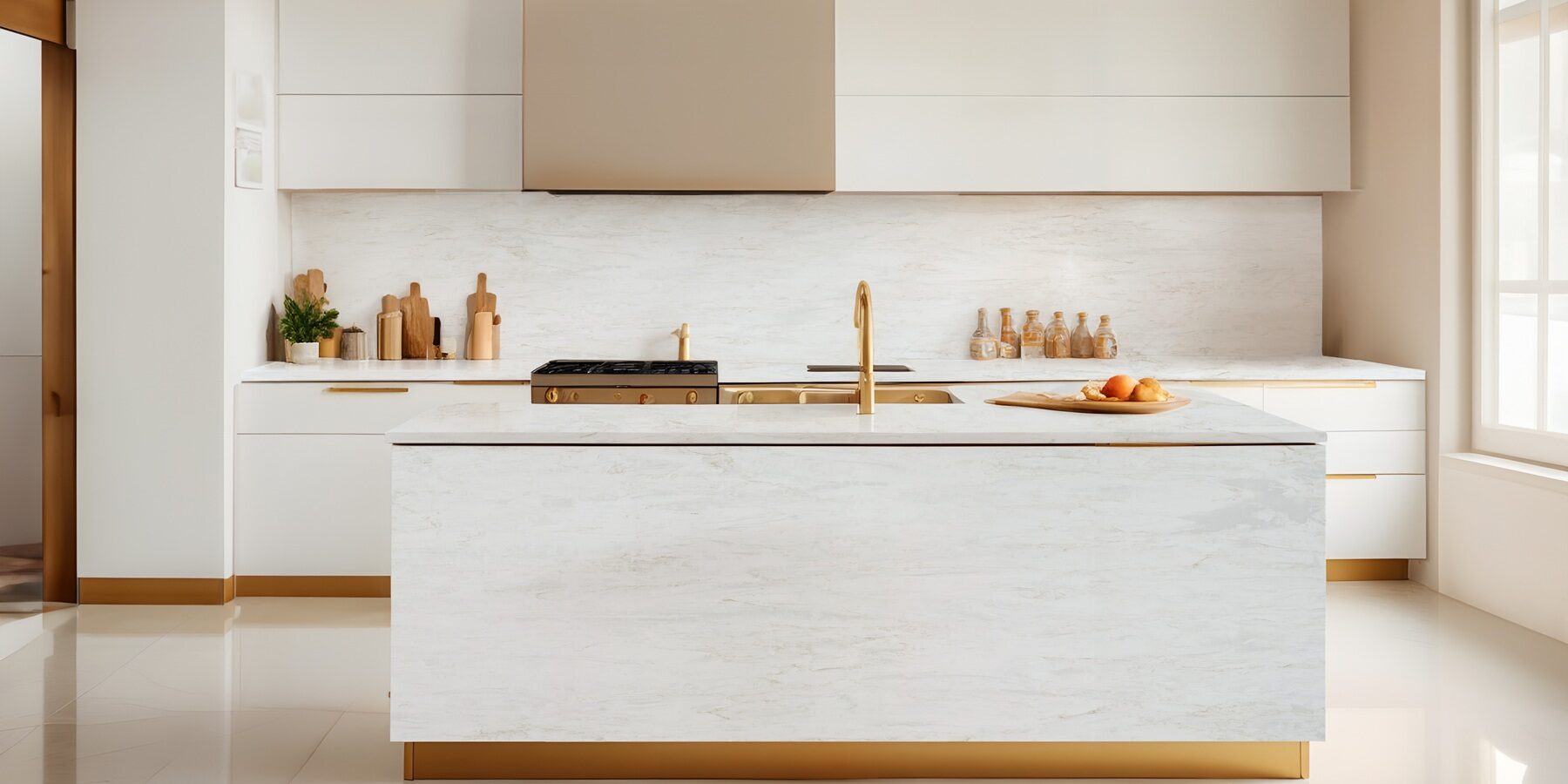 A contemporary kitchen space featuring a large prep island with elegant golden veining that mimics the movement of natural stone.