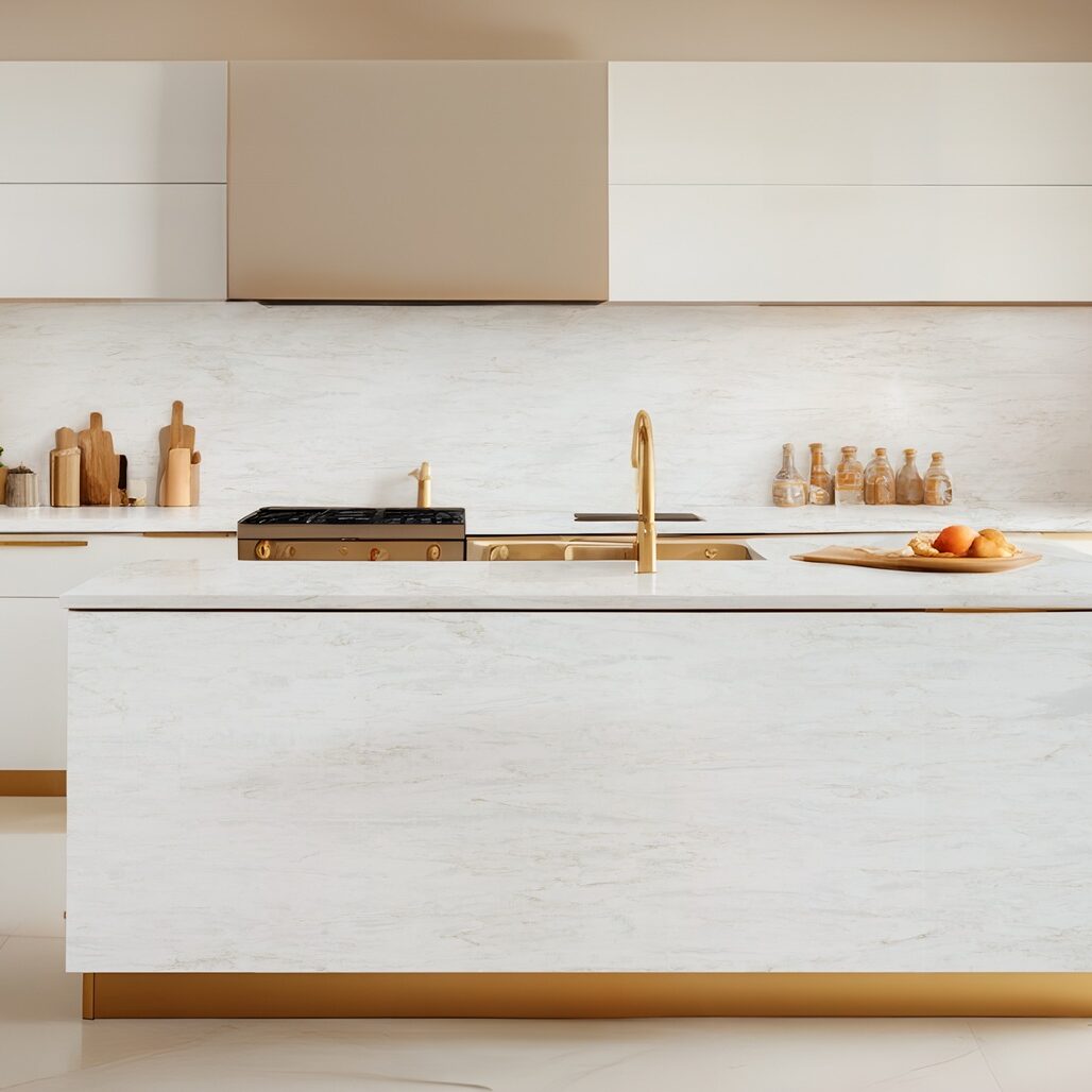 A contemporary kitchen space featuring a large prep island with elegant golden veining that mimics the movement of natural stone.