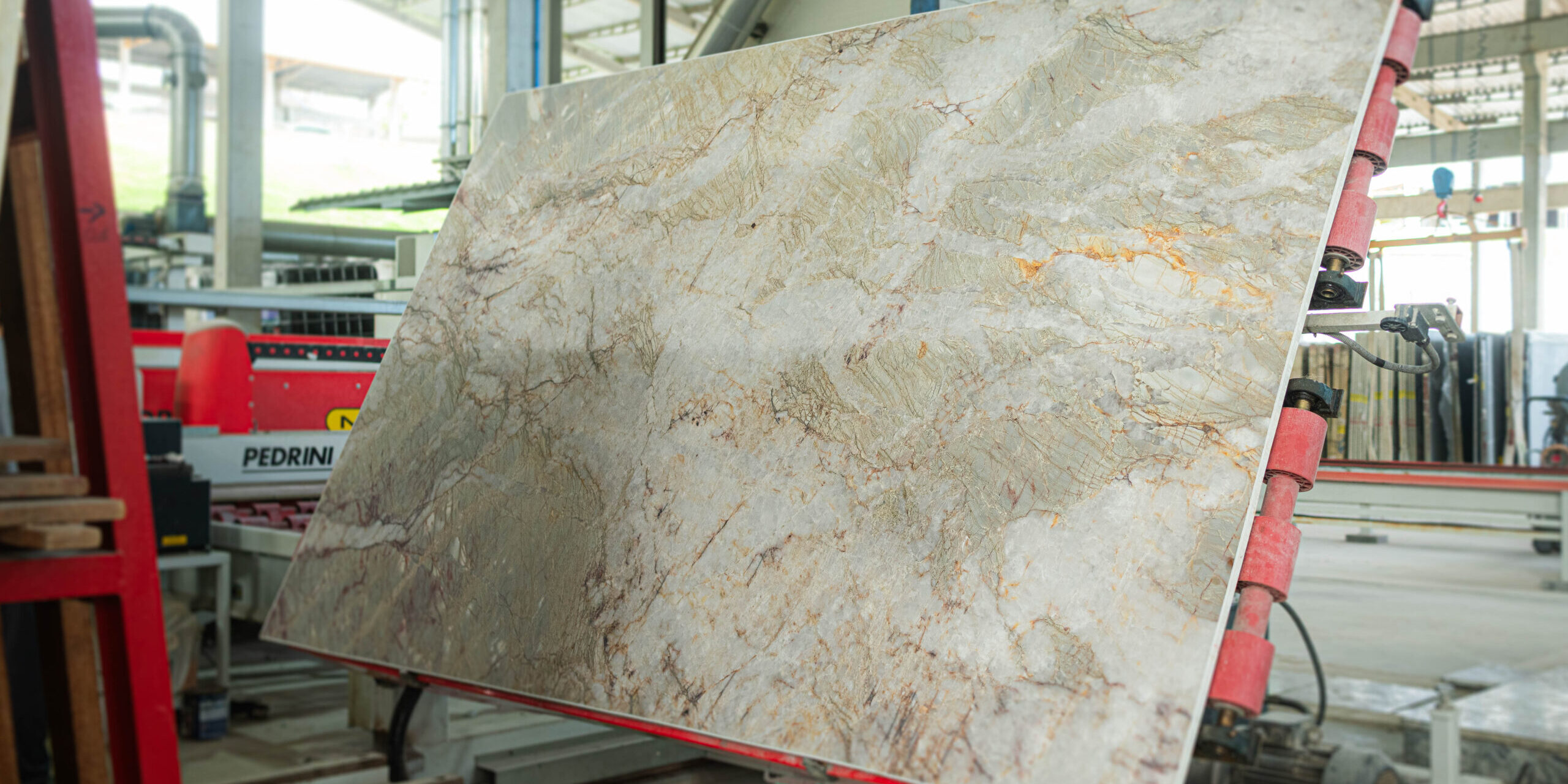 Large format natural stone slab ideal for luxury kitchen island fabrication.