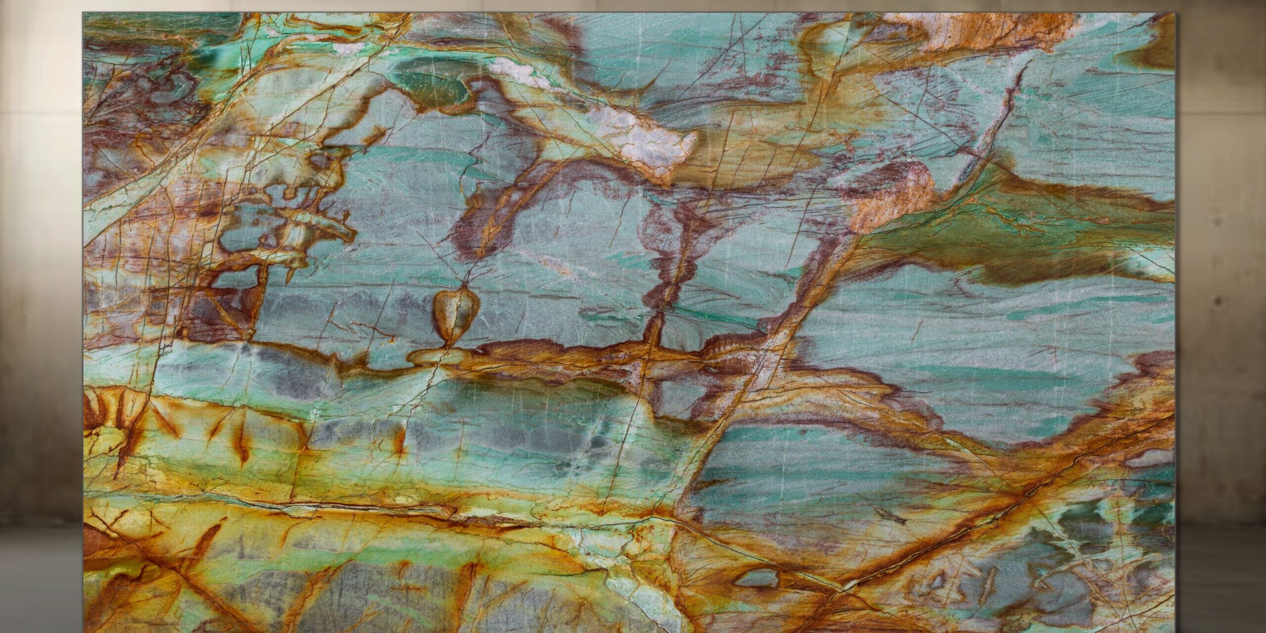 A full view of a slab showcasing its vibrant green base and dramatic multi-directional movement.