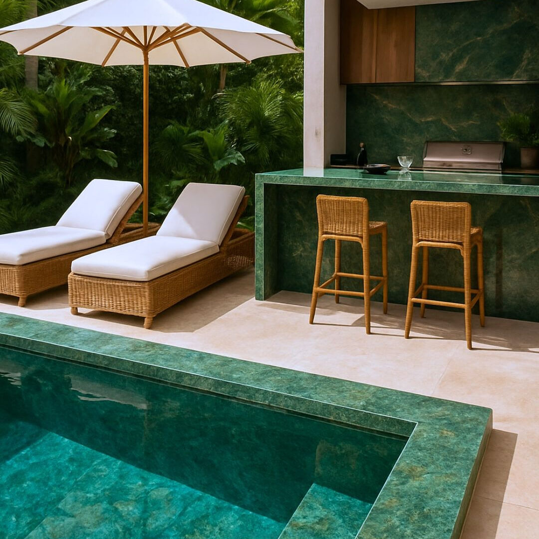 Upscale outdoor swimming pool with sombori quartzite waterline tiles and matching coping.