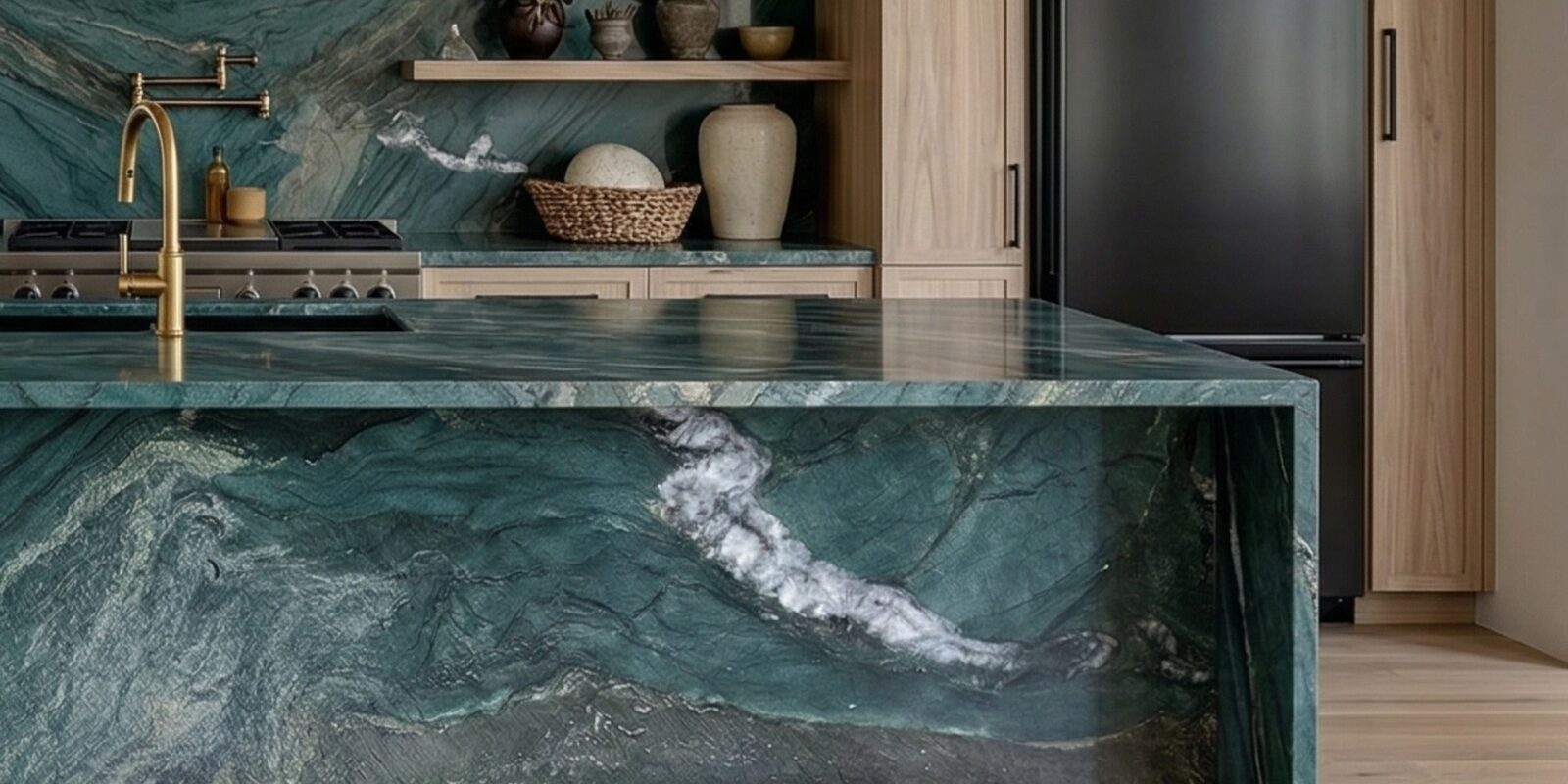 Kitchen countertop made from vibrant green natural stone with white mineral streaks.