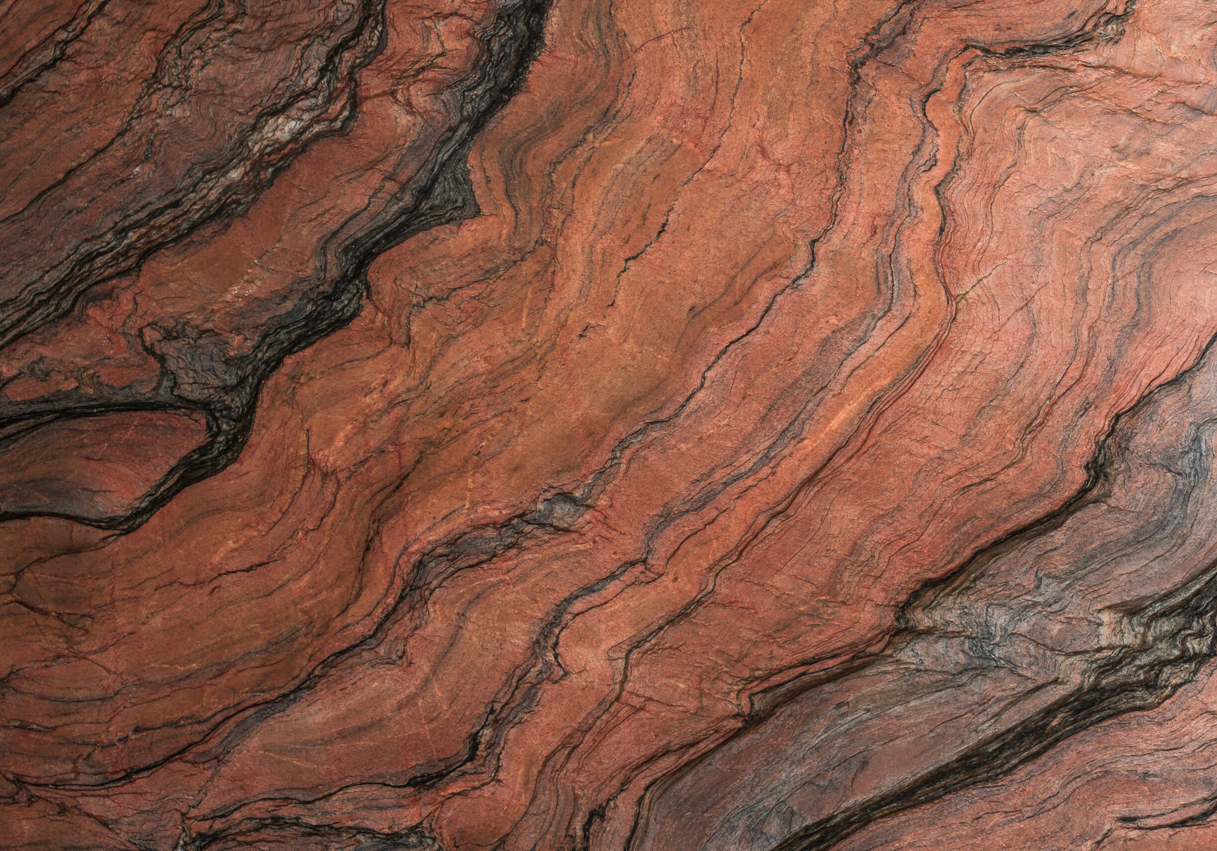 Macro view of red quartzite surface showing intricate terracotta ripples and white quartz crystals.