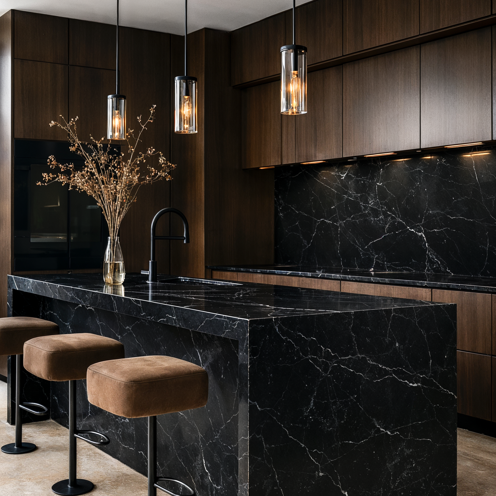 Contemporary culinary space showing the high-performance durability of black quartzite surfaces.